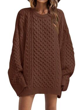 Women's Brown Oversized Sweaters Chunky Cable Knit Tunic Long Winter Sweater